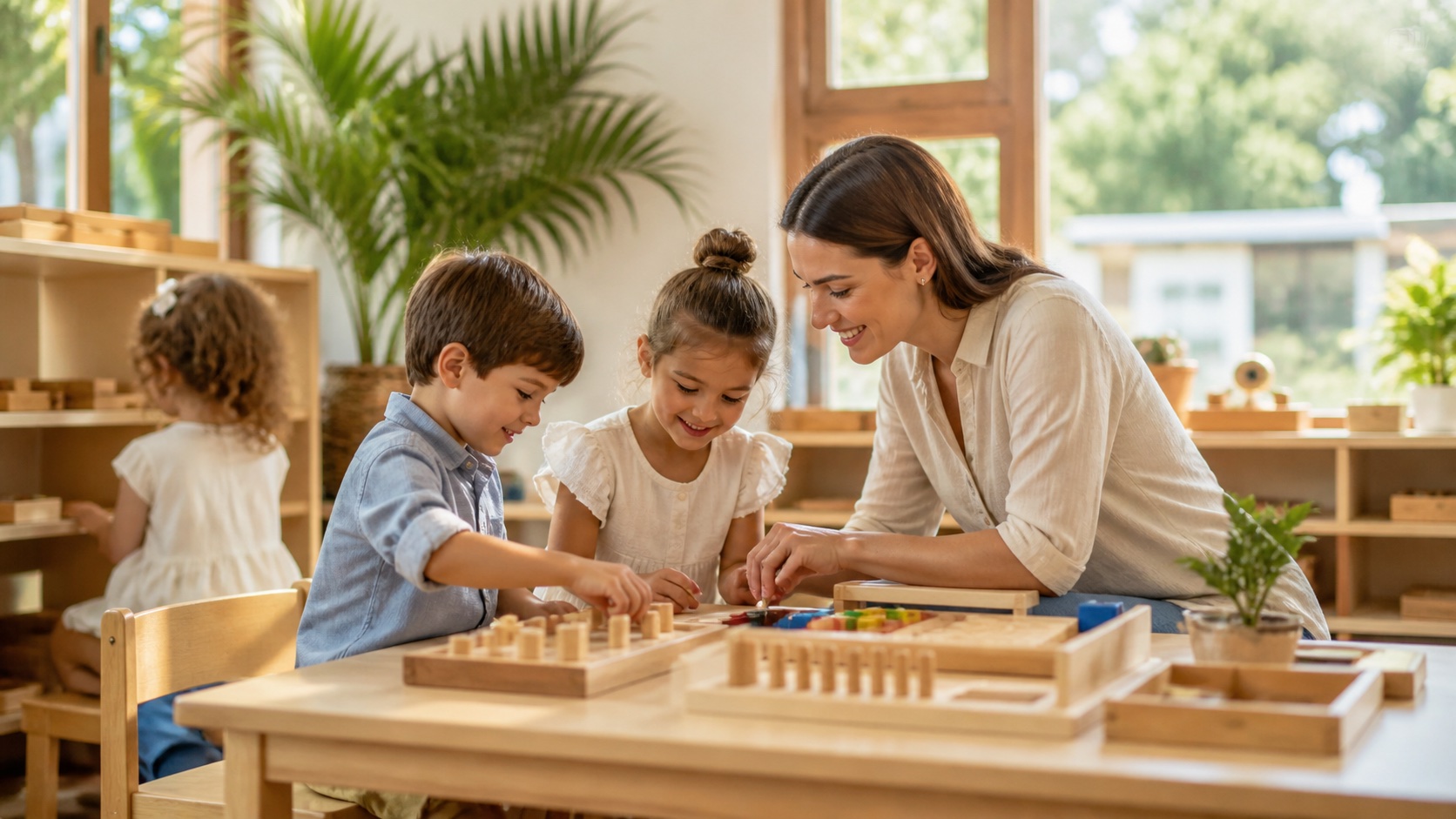 Children collaborating with the Montessori pink tower and surrounding materials