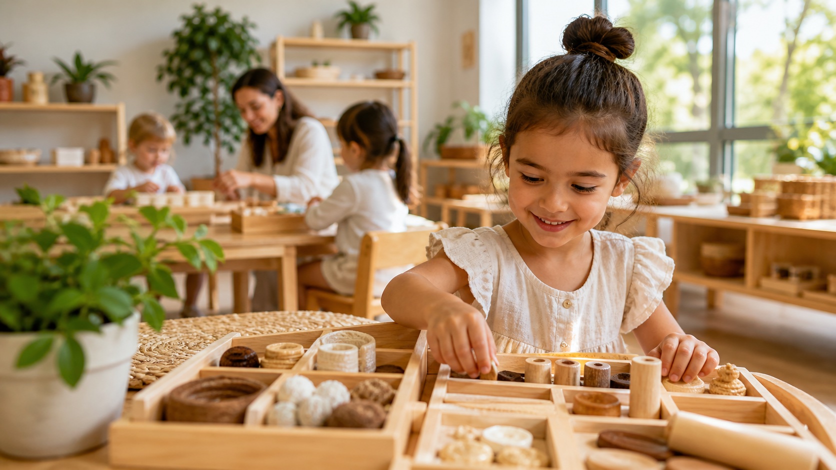 A Montessori child working closely with sensorial materials at a wooden tray