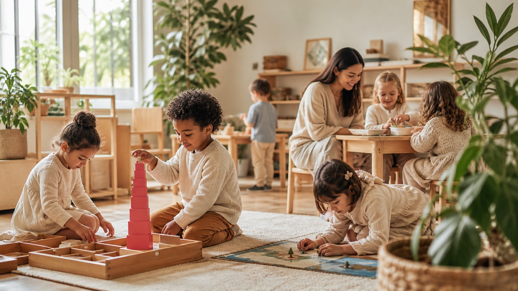 Children and a guide working together at a child-sized Montessori table